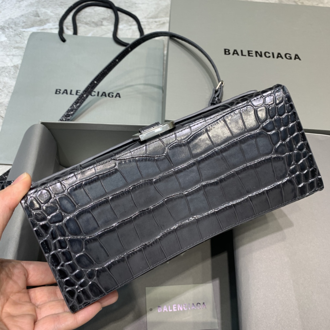 Balenciaga Hourglass Small Handbag Crocodile Embossed Shoulder Bag Black